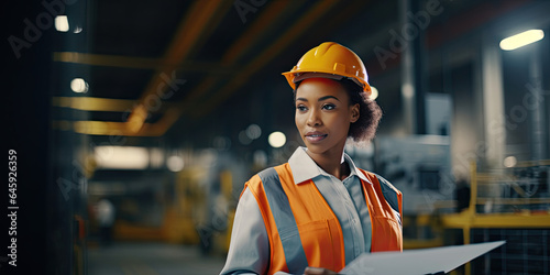 Professional engineer black women , worker, woman African mechanical, maintenance, check in factory, warehouse Workshop for factory operators, engineering women training. Business factory. © Sasint