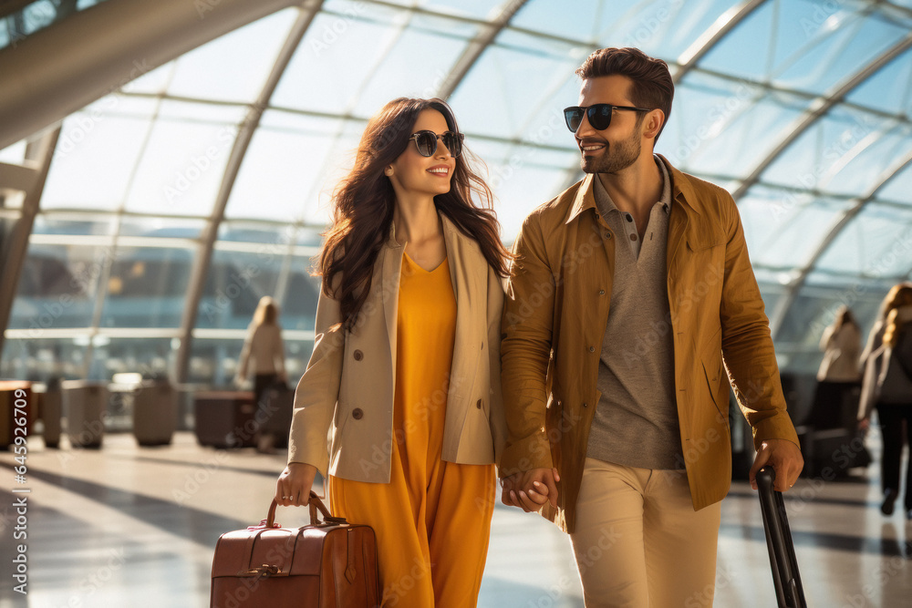 Young couple wearing sunglasses holding bags in hand at airport. travel concept