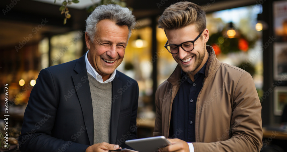 A senior gentleman in the restaurant business happily supporting a younger co-worker, their faces radiating happiness. Generative AI