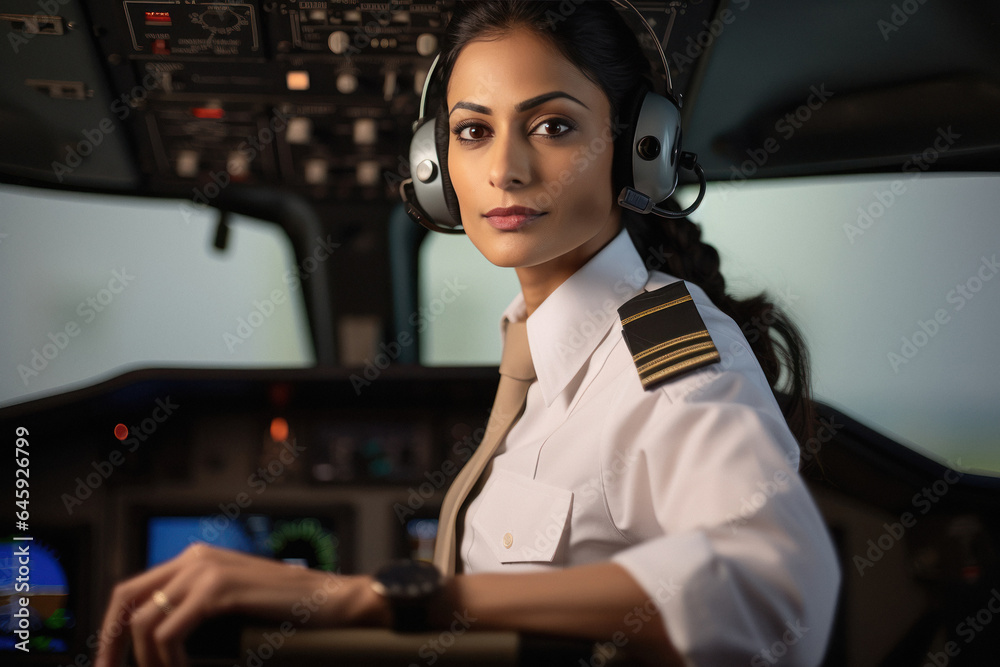 Female pilot sitting at airplane cockpit Female pilot sitting at airplane cockpit