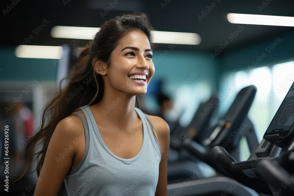 beautiful woman smiling while walking on treadmill