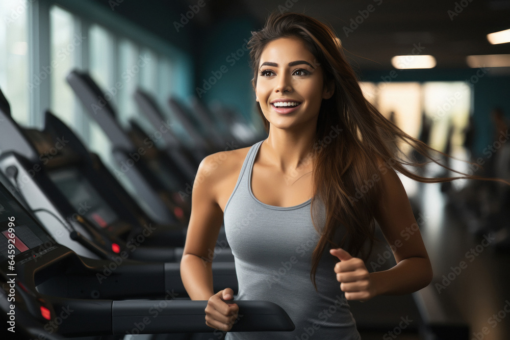 beautiful woman running on treadmill at gym.