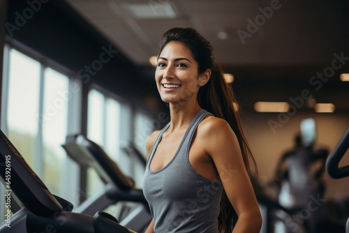 beautiful woman smiling while walking on treadmill