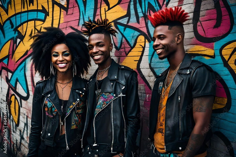 Obraz premium Image of attractive young black punk rock friends standing against a graffiti wall background.
