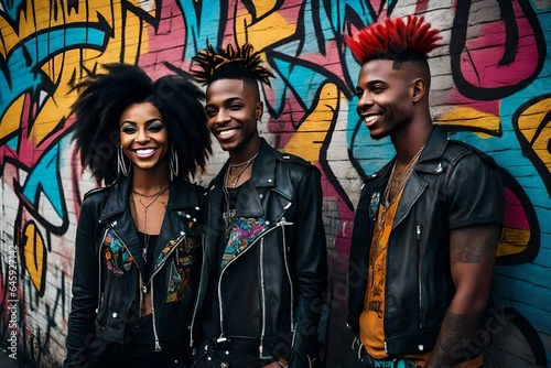 Image of attractive young black punk rock friends standing against a graffiti wall background.