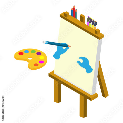an isometric view of a painting easel with a palette, brushes, and pencils. There are also hands drawing on the canvas.