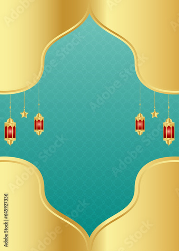 Arabic Islamic Arch Green and Golden Luxury Ornamental Background with Islamic Pattern Frame