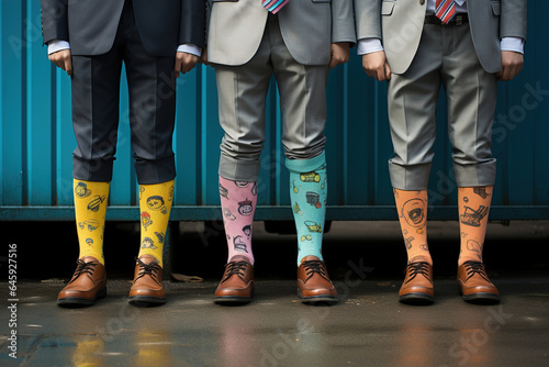 Weird socks day, anti-bullying week social concept. Close-up of a man in suits wearing funny colored socks standing outdoors