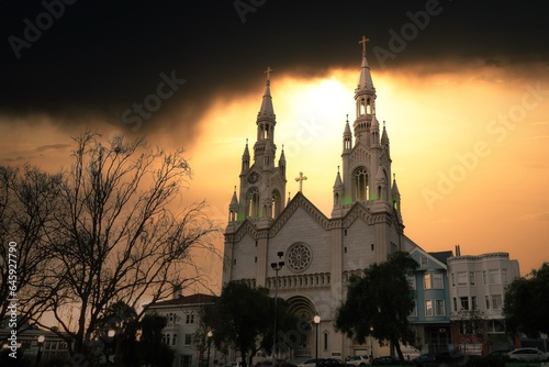 San Francisco Cathedral Against a Dramatic Sunset Sky