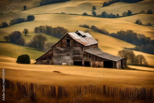 The textures of a weathered barn nestled amidst rolling hills in the countryside. 