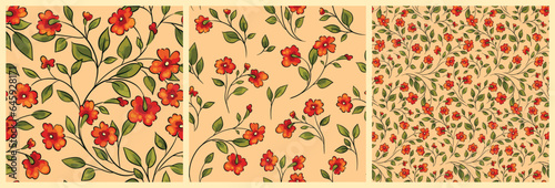 Seamless floral pattern, vintage ditsy print, ornament with hand drawn branches in the collection. Cute botanical design: small red flowers, tiny leaves, thin stems on a light background. Vector.