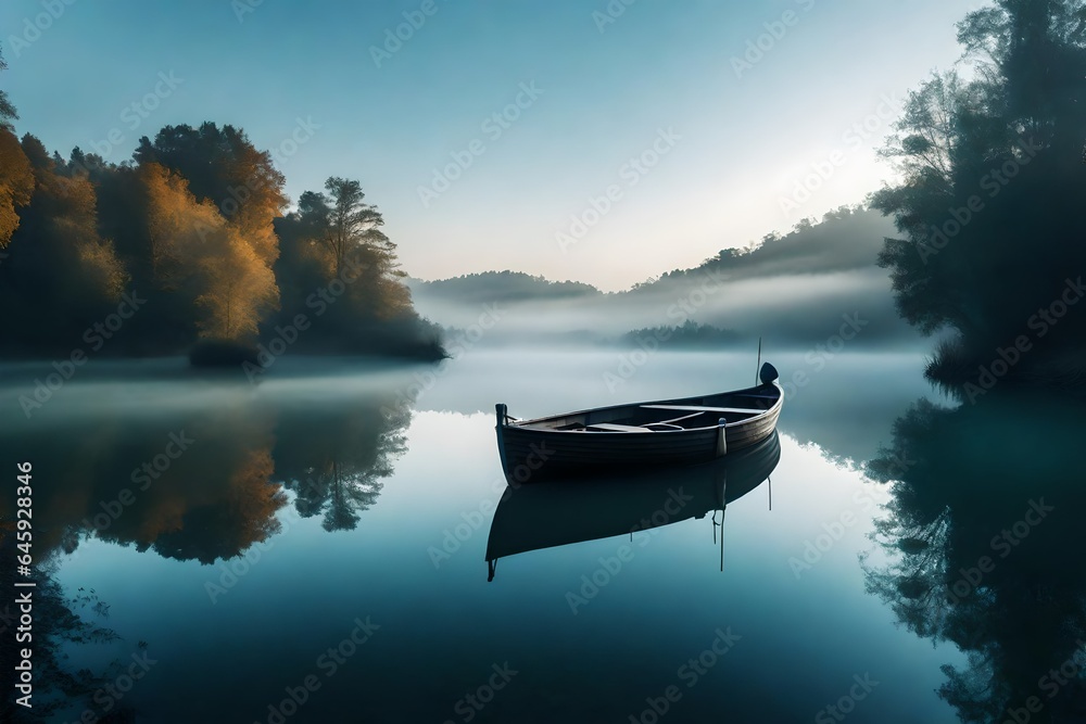A misty morning over a tranquil lake, with a lone boat floating on mirror-like waters  