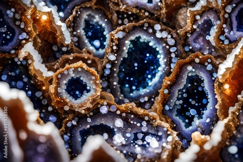 A close-up of a geode's sparkling interior, a hidden world of crystals. 