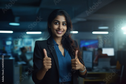 Indian businesswoman or corporate employee showing thumps up.
