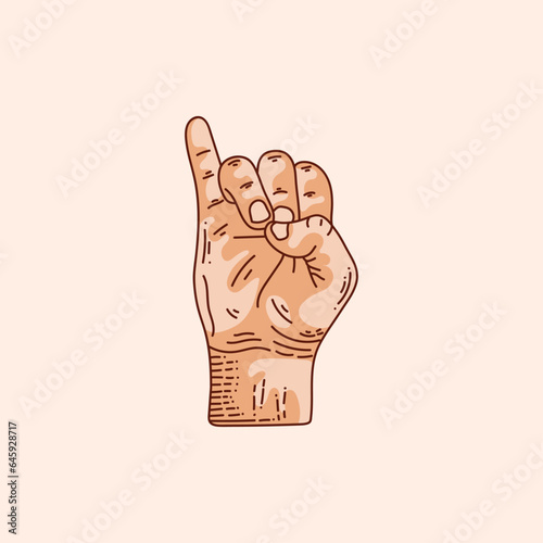 J letter logo in a deaf-mute hand gesture alphabet. Hand drawn vector illustration isolated on brown background.