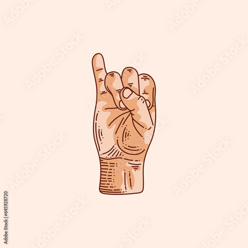 I letter logo in a deaf-mute hand gesture alphabet. Hand drawn vector illustration isolated on brown background.