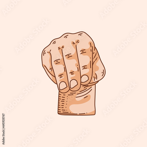 M letter logo in a deaf-mute hand gesture alphabet. Hand drawn vector illustration isolated on brown background.