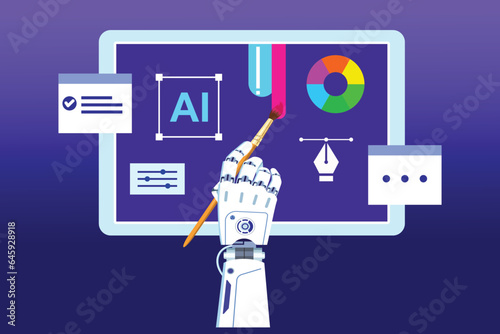 Robot paints with a paint brush Developed by computer generated art created by artificial intelligence.