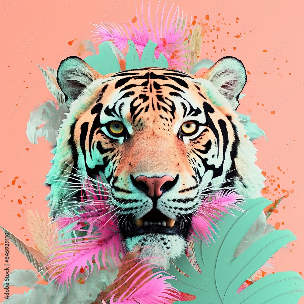 Naklejka premium This vibrant and captivating painting of a tiger surrounded by colorful pink and blue leaves creates a mesmerizingly wild atmosphere that captures the beauty of the animal kingdom