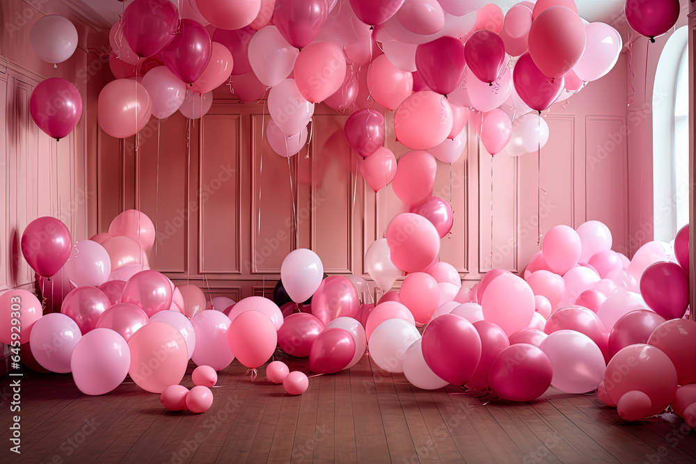 A room filled with lots of pink and white balloons. Birthday. Generative AI
