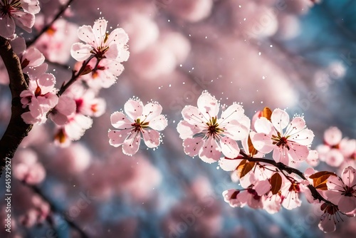 The delicate petals of a cherry blossom tree caught in a gentle breeze, creating a snowfall of pink. 