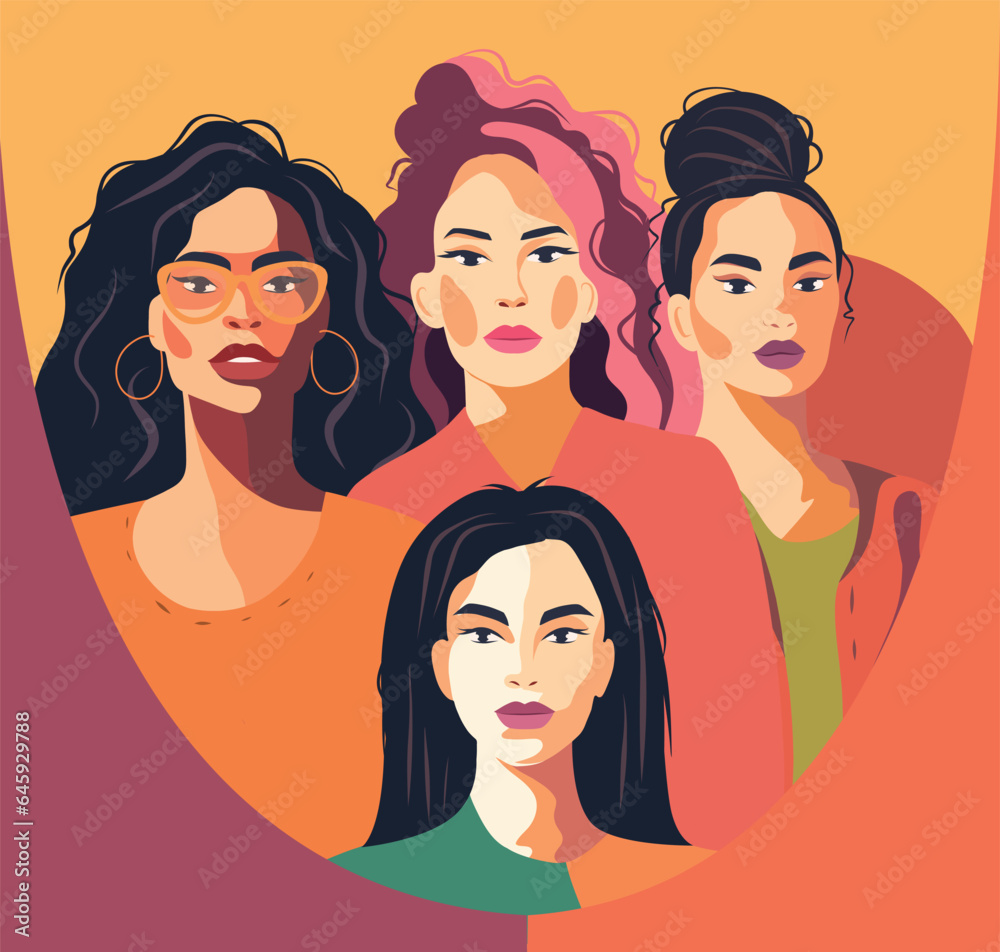 Multiethnic women banner. A group of beautiful women with different beauty, skin color. The concept of woman, femininity, independence and equality. Vector illustration