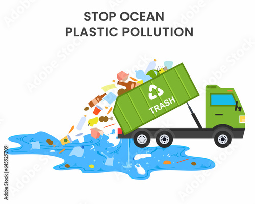 Trash truck throws garbage into the river Stop ocean plastic pollution 
