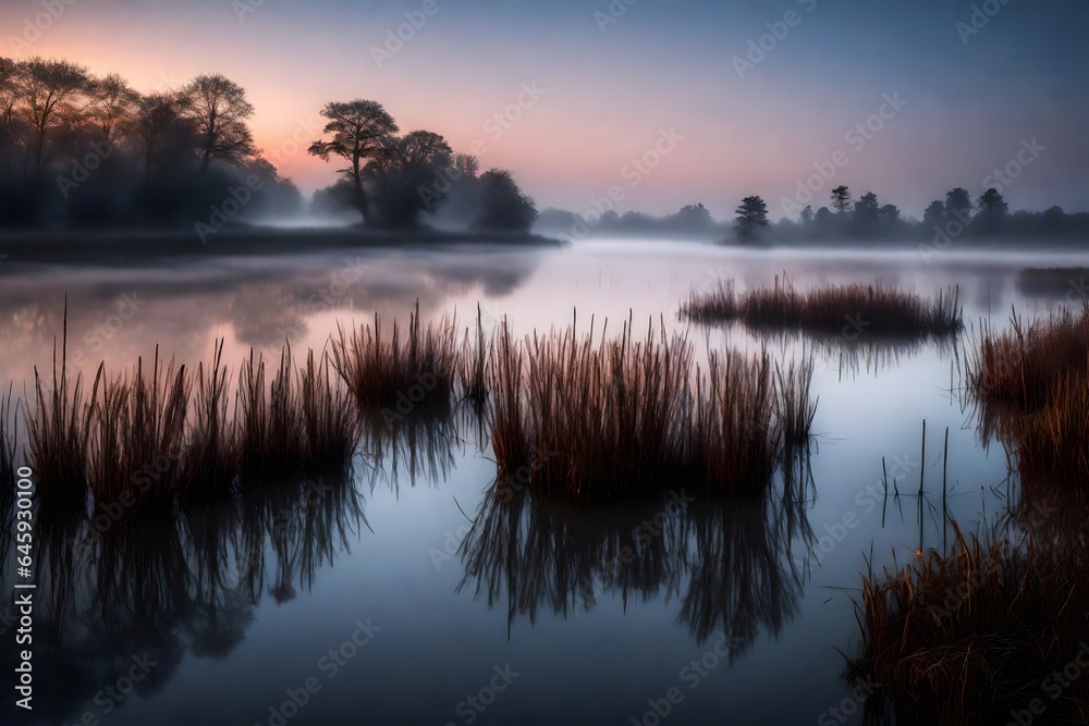 The ethereal mist rising from a tranquil marshland during the early hours of dawn.  