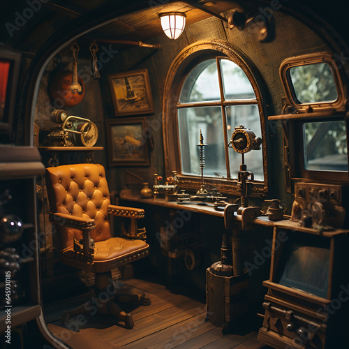 inside a miniture wooden toy submarine cabin. it is cozy and a marionette of an old captain sits in a chair looking out at the sea through a window photo