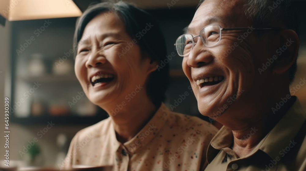 Senior man and woman, brimming with happiness, enjoying cooking in their kitchen. Generative AI Senior man and woman, brimming with happiness, enjoying cooking in their kitchen. Generative AI