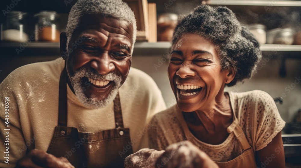 An Afro cheerful senior man and woman, united by smiles, cooking in their kitchen. Generative AI