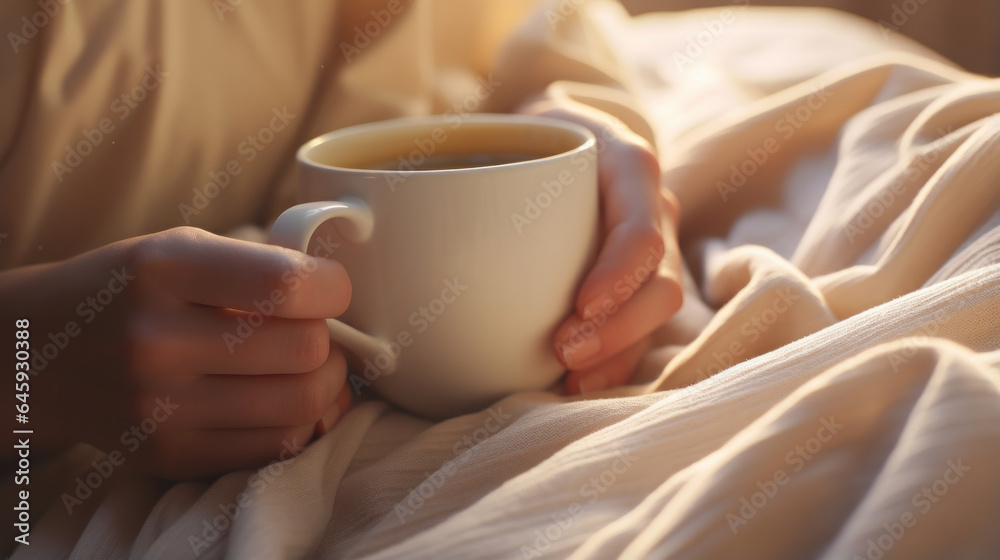 Awakening Bliss: Close-Up of Female Hands Grasping a Cup of Coffee in Bed, Invoking Sensual Delight.