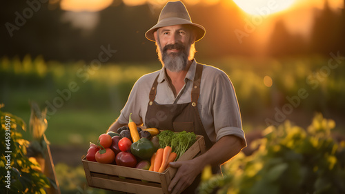 A farmer holding a wooden crate of organic vegetables, Generative AI