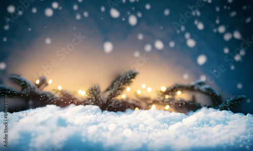 Beautiful Christmas Background in Blue with Snow, Snowflakes, Bokeh, Fairy Lights and Fir Twigs © Ramona