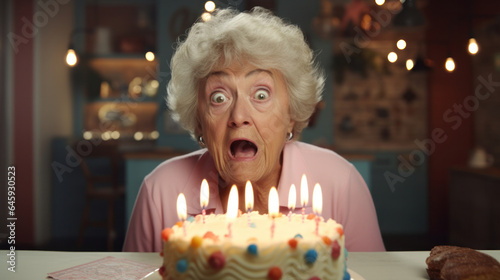 Blissful Birthday Bash: Elderly Woman's Joyful, Playful Expression as She Prepares to Blow Out Birthday Cake Candles.