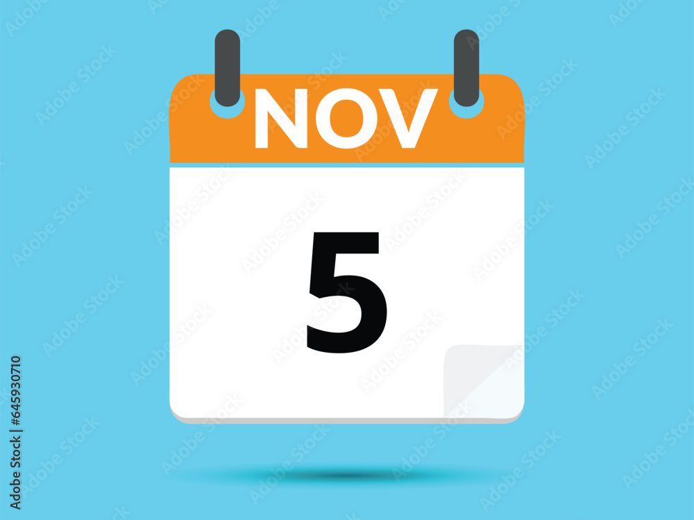 Fototapeta premium 5 November. Flat icon calendar isolated on blue background. Vector illustration.