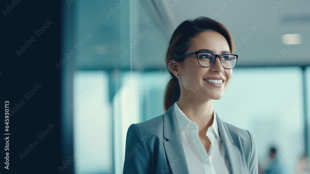 Young, Cheerful Businesswoman in Glasses Laughs Happily, Eyes Copy Space for Job Opportunities and Exceptional Business Services. Young, Cheerful Businesswoman in Glasses Laughs Happily, Eyes Copy Space for Job Opportunities and Exceptional Business Services.
