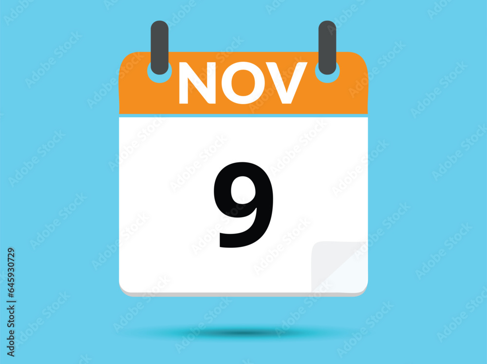 9 November. Flat icon calendar isolated on blue background. Vector illustration. 9 November. Flat icon calendar isolated on blue background. Vector illustration.