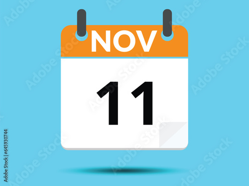 11 November. Flat icon calendar isolated on blue background. Vector illustration.