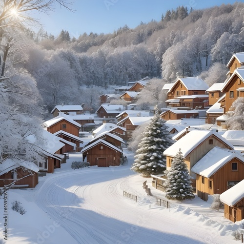 Winter landscape with houses. Town in the mountains in winter.  
Winter theme, Christmas theme. Generative AI.