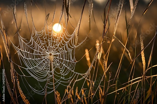 A dewy spiderweb suspended between tall blades of grass, catching the first rays of dawn. 