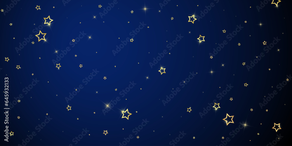 Starry night fairy tale background. Cute sparkling twinkles, christmas spirit in the air. Festive stars vector illustration on dark blue background.