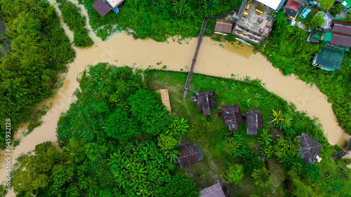 Village and mountain in Vang Vieng, Laos, Nam Song River in Vang Vieng, Laos.