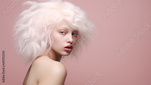 Young albino woman on pink background. Woman with white hair and skin, non Nigerian albino woman. Studio lighting