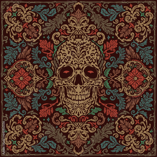 Vintage hand drawn damask and floral sugar skull pattern bandana