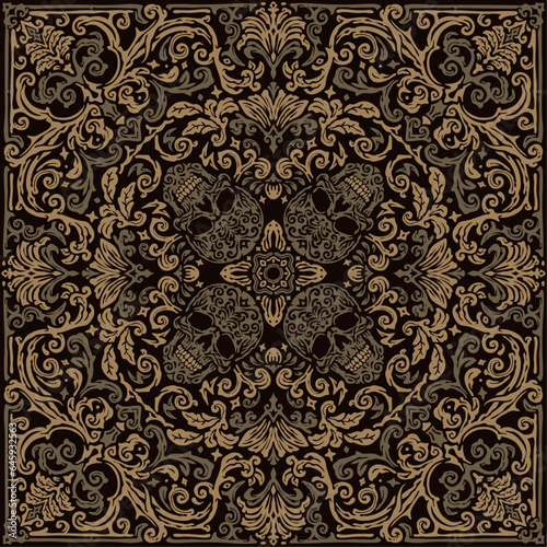 Golden Brown Sugar Skull Floral Damask Seamless Background Pattern