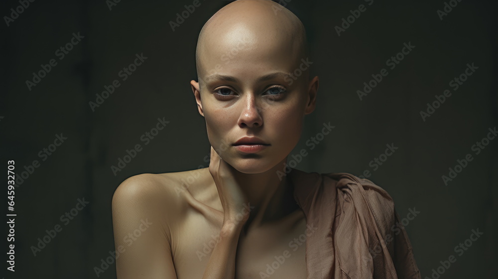 Sad lonely bald woman on a dark background. Sad look Sad lonely bald woman on a dark background. Sad look