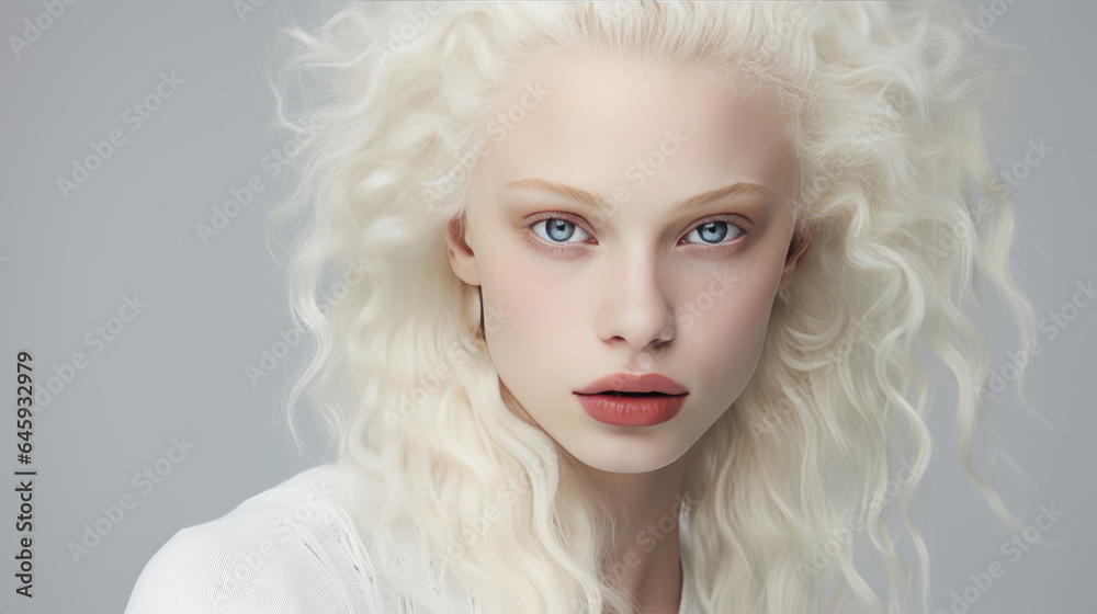 Young albino woman on pink background. Woman with white hair and skin, non Nigerian albino woman. Studio lighting Young albino woman on pink background. Woman with white hair and skin, non Nigerian albino woman. Studio lighting