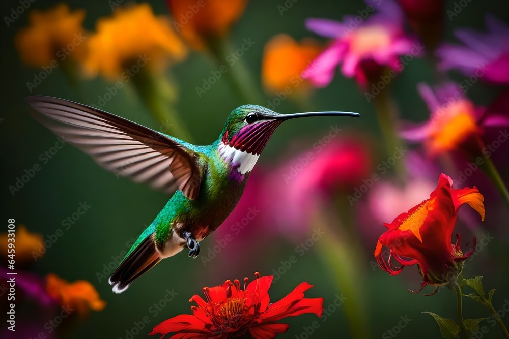 Fototapeta premium A hummingbird suspended in mid-air as it sips nectar from a brilliantly hued flower. 