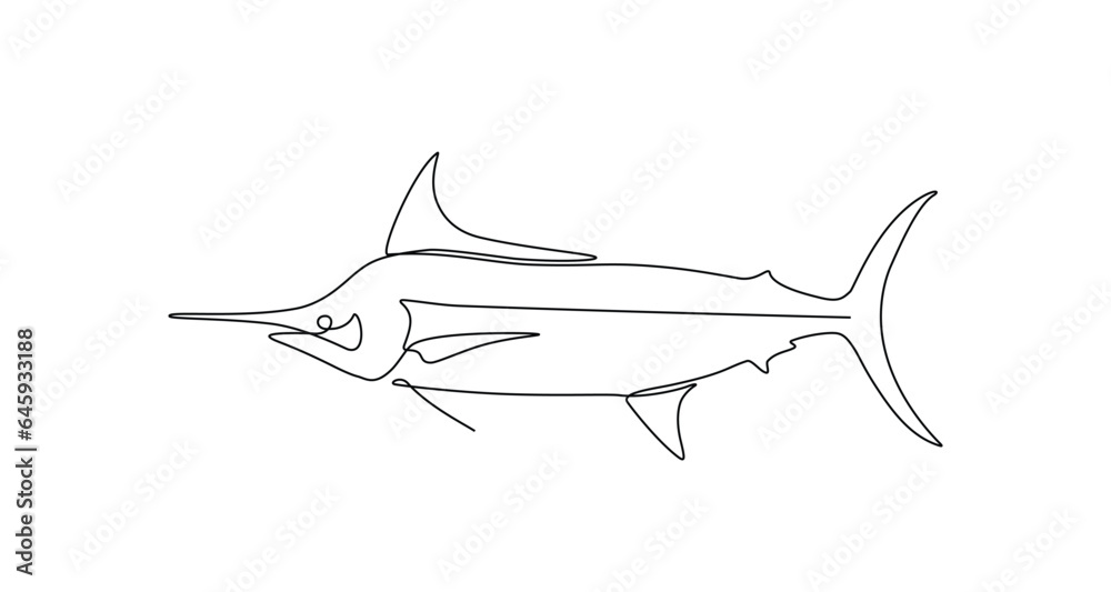 Fresh Marlin, Swordfish, Sailfish in continuous line art drawing style. Marlin, Swordfish, Sailfish fish concept in doodle style on white background. Vector illustration Fresh Marlin, Swordfish, Sailfish in continuous line art drawing style. Marlin, Swordfish, Sailfish fish concept in doodle style on white background. Vector illustration